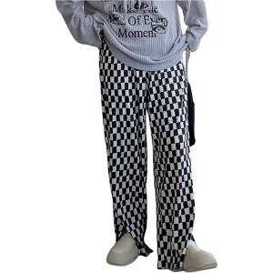imageSHENHE Womens Checkered Pants Split Hem Straight Leg Elastic Waist Casual Loose PantsBlack and White