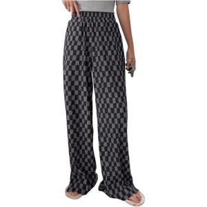 imageSHENHE Womens Checkered Pants Split Hem Straight Leg Elastic Waist Casual Loose PantsDark Grey