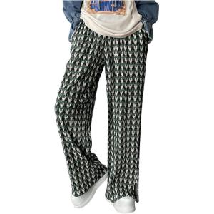 imageSHENHE Womens Checkered Pants Split Hem Straight Leg Elastic Waist Casual Loose PantsGreen Allover Print