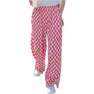 imageSHENHE Womens Checkered Pants Split Hem Straight Leg Elastic Waist Casual Loose PantsHot Pink