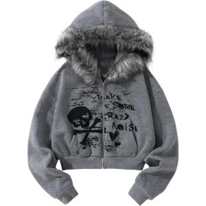 imageSHENHE Womens Faux Fur Zip Up Hoodie Skeleton Graphic Cropped Hoodie Jacket SweatshirtGrey