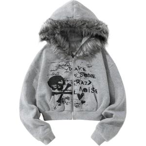 imageSHENHE Womens Faux Fur Zip Up Hoodie Skeleton Graphic Cropped Hoodie Jacket SweatshirtLight Grey