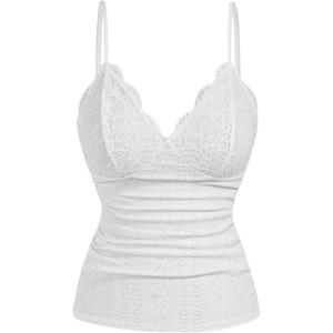 imageSHENHE Womens Plus Size Lace Camisole Top V Neck Eyelet Spaghetti Strap Tank Top Slim CamiWhite