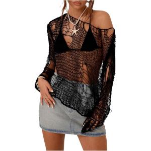 imageSHENHE Womens Sheer Hollow Out Off Shoulder Distressed Grunge Punk Sexy Sweater Knit Top Bikini Coverup TopBlack