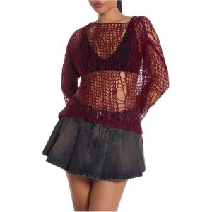 imageSHENHE Womens Sheer Hollow Out Off Shoulder Distressed Grunge Punk Sexy Sweater Knit Top Bikini Coverup TopBurgundy