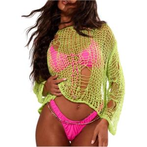 imageSHENHE Womens Sheer Hollow Out Off Shoulder Distressed Grunge Punk Sexy Sweater Knit Top Bikini Coverup TopGreen
