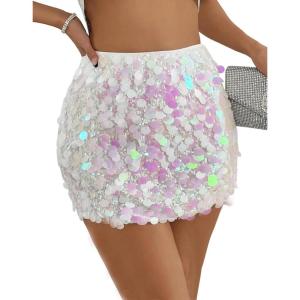 imageSHENHE Womens Sparkly Sequin High Waist Party Club Mini Bodycon Rave SkirtWhite