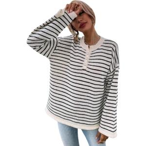 imageSHENHE Womens Striped Long Sleeve Button Up Ribbed Knit Oversized Sweater TopsBlack White