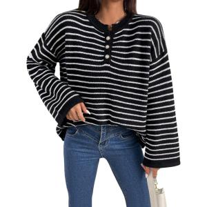 imageSHENHE Womens Striped Long Sleeve Button Up Ribbed Knit Oversized Sweater TopsBlack and White