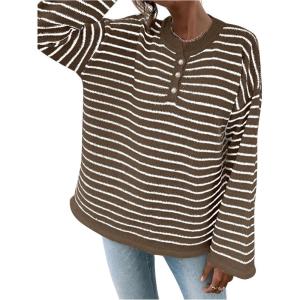 imageSHENHE Womens Striped Long Sleeve Button Up Ribbed Knit Oversized Sweater TopsKhaki Multi