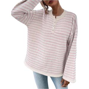 imageSHENHE Womens Striped Long Sleeve Button Up Ribbed Knit Oversized Sweater TopsLight Pink