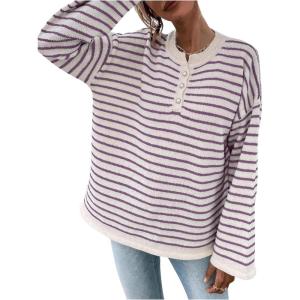 imageSHENHE Womens Striped Long Sleeve Button Up Ribbed Knit Oversized Sweater TopsPurple