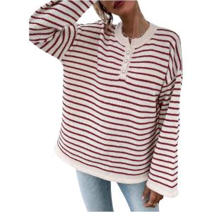 imageSHENHE Womens Striped Long Sleeve Button Up Ribbed Knit Oversized Sweater TopsRed and White