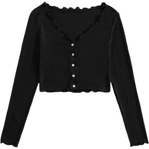 imageSHENHE Womens V Neck Button Up Long Sleeve Lettuce Trim Ribbed Crop Tops T ShirtsBlack
