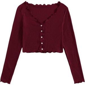 imageSHENHE Womens V Neck Button Up Long Sleeve Lettuce Trim Ribbed Crop Tops T ShirtsBurgundy