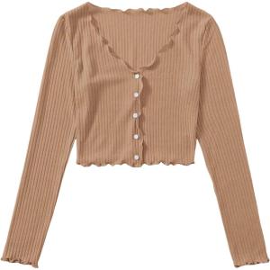 imageSHENHE Womens V Neck Button Up Long Sleeve Lettuce Trim Ribbed Crop Tops T ShirtsKhaki