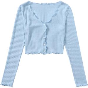 imageSHENHE Womens V Neck Button Up Long Sleeve Lettuce Trim Ribbed Crop Tops T ShirtsLight Blue