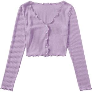 imageSHENHE Womens V Neck Button Up Long Sleeve Lettuce Trim Ribbed Crop Tops T ShirtsLilac Purple