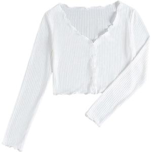 imageSHENHE Womens V Neck Button Up Long Sleeve Lettuce Trim Ribbed Crop Tops T ShirtsWhite