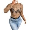 imageSHENHE Womens Plus Size Floral Lace Mesh Long Sleeve Sheer See Through Crop Top Sexy BlouseBrown