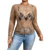 imageSHENHE Womens Plus Size Floral Lace Mesh Long Sleeve Sheer See Through Crop Top Sexy BlouseBrown