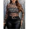 imageSHENHE Womens Plus Size Floral Lace Mesh Long Sleeve Sheer See Through Crop Top Sexy BlouseLeopard Brown