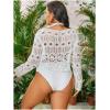 imageSHENHE Womens Plus Size Hollow Out Sheer Boat Neck Long Sleeve Loose Beach Crop Cover Up