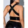 imageSHENHE Womens Plus Size PU Leather Crop Halter Tops Sleeveless Crisscross Backless TopBlack