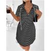 imageSHENHE Womens Plus Size Striped Drawstring Casual Short Sleeve Knee Length Hoodie DressBlack