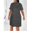 imageSHENHE Womens Plus Size Striped Drawstring Casual Short Sleeve Knee Length Hoodie DressBlack