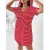 imageSHENHE Womens Plus Size Striped Drawstring Casual Short Sleeve Knee Length Hoodie DressRed