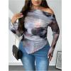 imageSHENHE Womens Plus Size Tie Dye Mesh Off Shoulder Bell Sleeve Asymmetrical Ruched Top ShirtPurple Blue Multi