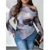 imageSHENHE Womens Plus Size Tie Dye Mesh Off Shoulder Bell Sleeve Asymmetrical Ruched Top ShirtPurple Blue Multi