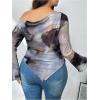 imageSHENHE Womens Plus Size Tie Dye Mesh Off Shoulder Bell Sleeve Asymmetrical Ruched Top ShirtPurple Blue Multi