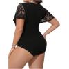 imageSHENHE Womens Plus Size V Neck Lace Flutter Short Sleeve Elegant Slim Blouse BodysuitBlack