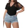 imageSHENHE Womens Plus Size V Neck Lace Flutter Short Sleeve Elegant Slim Blouse BodysuitBlack