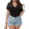 imageSHENHE Womens Plus Size V Neck Lace Flutter Short Sleeve Elegant Slim Blouse BodysuitBlack