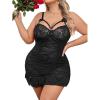 imageSHENHE Womens Plus Size Lace Trim Babydolls Ruched Sleepwear Underwire Low Rise Bow LingerieBlack