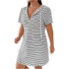 imageSHENHE Womens Plus Size Striped Drawstring Casual Short Sleeve Knee Length Hoodie DressWhite