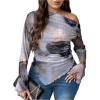 imageSHENHE Womens Plus Size Tie Dye Mesh Off Shoulder Bell Sleeve Asymmetrical Ruched Top ShirtPurple Blue Multi