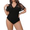 imageSHENHE Womens Plus Size V Neck Lace Flutter Short Sleeve Elegant Slim Blouse BodysuitBlack