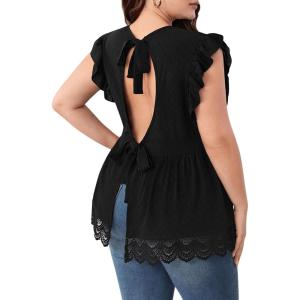 imageSHENHE Womens Plus Size Backless Top Tie Back Short Sleeve Ruffle Lace Tank Peplum Top Elegant Blouse ShirtBlack