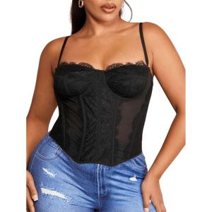 imageSHENHE Womens Plus Size Bustier Lace Trim Mesh Slim Fitted Sexy Crop Camisole TopBlack