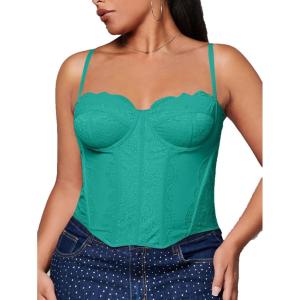 imageSHENHE Womens Plus Size Bustier Lace Trim Mesh Slim Fitted Sexy Crop Camisole TopGreen
