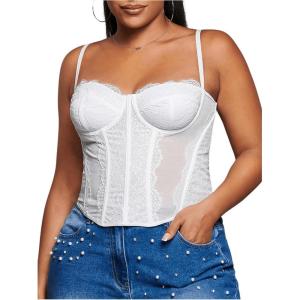 imageSHENHE Womens Plus Size Bustier Lace Trim Mesh Slim Fitted Sexy Crop Camisole TopWhite