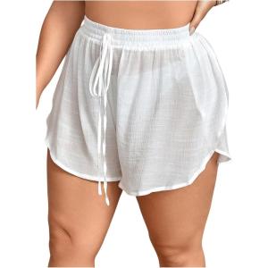 imageSHENHE Womens Plus Size Drawstring Waist Cover Ups Shorts Sheer Loose Boho Shorts Beachwear White 1XL