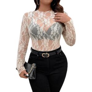imageSHENHE Womens Plus Size Floral Lace Mesh Long Sleeve Sheer See Through Crop Top Sexy BlouseApricot