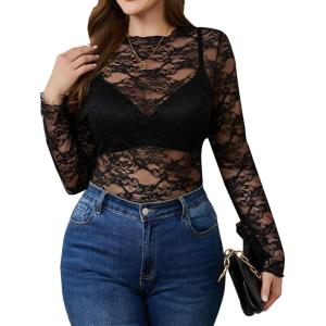 imageSHENHE Womens Plus Size Floral Lace Mesh Long Sleeve Sheer See Through Crop Top Sexy BlouseBlack