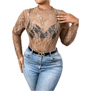 imageSHENHE Womens Plus Size Floral Lace Mesh Long Sleeve Sheer See Through Crop Top Sexy BlouseBrown