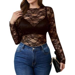 imageSHENHE Womens Plus Size Floral Lace Mesh Long Sleeve Sheer See Through Crop Top Sexy BlouseCoffee Brown